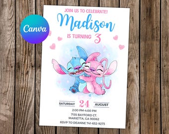 Stitch Invitation Stitch Birthday Lilo and Stitch Party Stitch Watercolor Editable Invitation Angel Digital Card