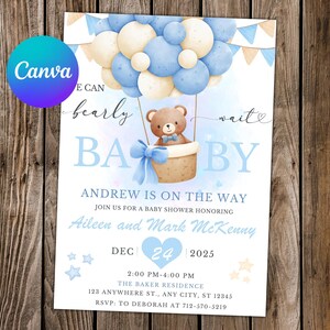 Convite de chá de bebê para menino Teddy Bear Convite de aniversário Convite de balão de ar quente Convite para festa We Can Bearly Wait Convite editável em aquarela