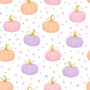 May include: A seamless pattern featuring pastel-colored pumpkins in shades of peach, pink, and lavender. Each pumpkin has a gold glitter stem and a subtle white grid overlay. The background is white with small black dots and tiny stars.