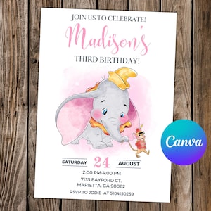 May include: A birthday invitation featuring a watercolor illustration of Dumbo the elephant with a mouse. The invitation text reads "Madison's Third Birthday!" with event details. The design is on a white background.