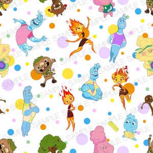 May include: A repeating pattern featuring cartoon characters representing the elements of fire, water, earth, and air. The characters are in various poses, with colorful polka dots on a white background. The word "SAMPLE" is repeated throughout the image.