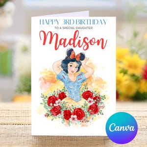 Joyeux 3e anniversaire à une fille spéciale, carte de troisième anniversaire personnalisée Blanche-Neige, joyeux troisième anniversaire, jolie carte