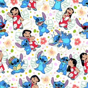 May include: A seamless pattern featuring blue Stitch characters from the Disney movie Lilo & Stitch. The pattern also includes Lilo, Stitch's human friend, in a red dress with a floral pattern. The background is white with green leaves, pink and yellow flowers, and white polka dots.