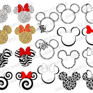 May include: A set of 10 black and white Mickey Mouse head silhouettes with different patterns and designs. The patterns include polka dots, hearts, swirls, and zebra stripes. The silhouettes are perfect for crafting projects, scrapbooking, or party decorations.