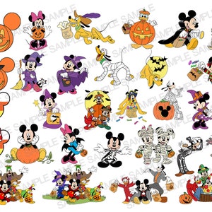 Puede incluir: Ilustraciones coloridas con temática de Halloween con Mickey Mouse, Minnie Mouse, Donald Duck, Goofy y Pluto. Los personajes están disfrazados de brujas, vampiros y momias, con calabazas y caramelos de maíz.