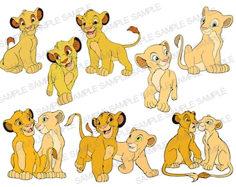 May include: A set of nine cartoon lion cubs in various poses. The cubs are all yellow with brown eyes and black noses. They are all smiling and looking happy.