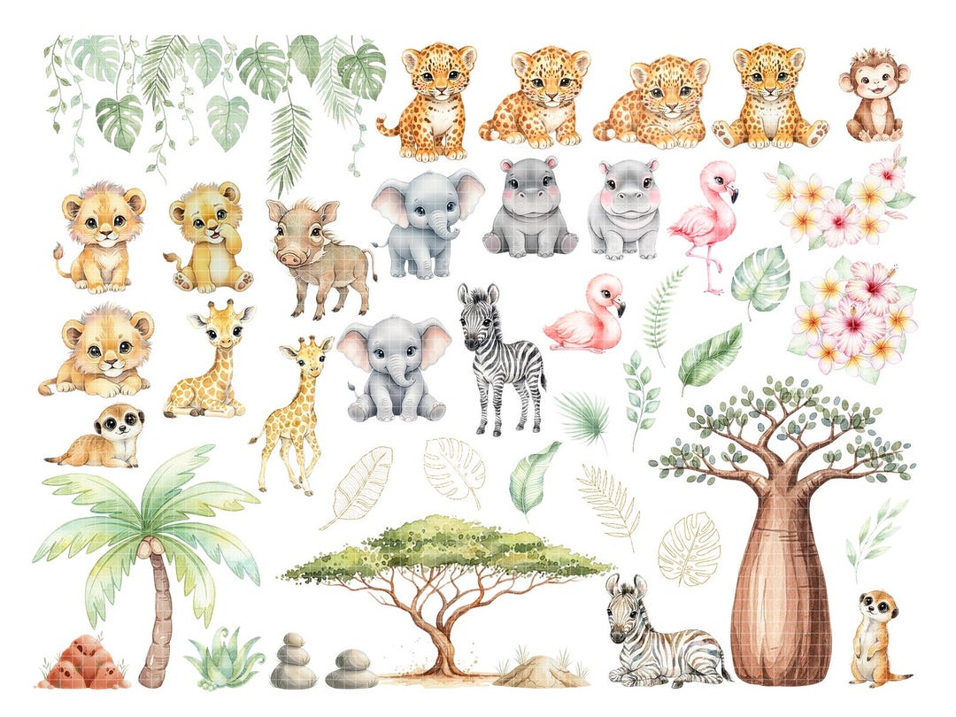 Watercolor Safari Animals Clipart, Cute Jungle Baby Animal PNG, Nursery ...