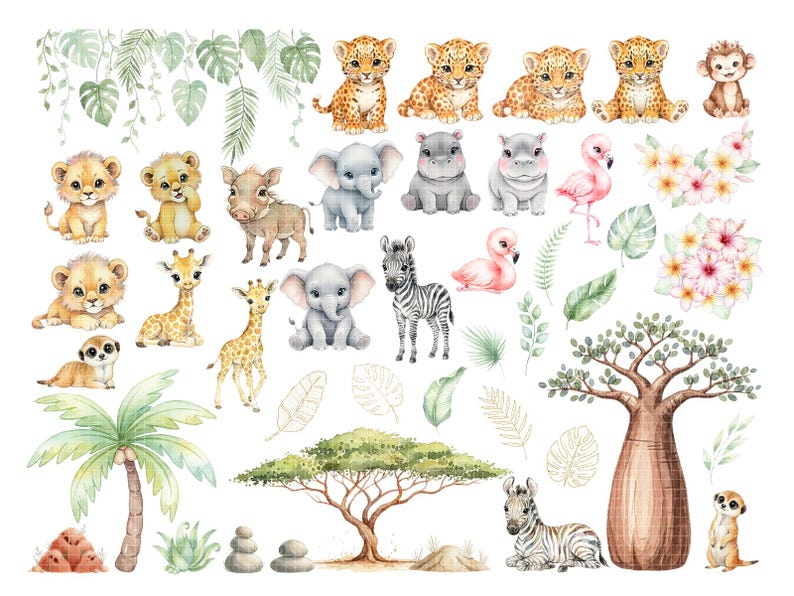 Watercolor Safari Animals Clipart, Cute Jungle Baby Animal PNG, Nursery ...