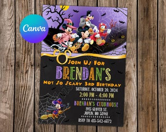 May include: A purple, green, and orange Halloween birthday invitation with Mickey Mouse, Goofy, Donald Duck, and Pluto. The invitation says "Join us for Brendan's Not So Scary 3rd Birthday" and includes the date, time, and location of the party.