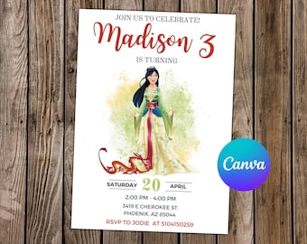 May include: A birthday invitation featuring a cartoon image of Mulan from Disney's Mulan movie. The invitation is for Madison's 3rd birthday party. The invitation includes the date, time, and location of the party. The text on the invitation reads "Join us to celebrate! Madison 3 is turning. Saturday 20 April 2:00 PM - 4:00 PM 3419 E Cherokee St. Phoenix, AZ 85044 RSVP to Jodie at 5104150259"