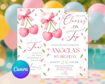 Invitación de niña cereza, invitación de cumpleaños con cereza en la cima, fiesta coqueta, lazo rosa, invitación editable, tarjeta digital de niña cereza