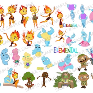 May include: A collection of colorful cartoon characters from the movie "Elemental". The characters are in various poses, including fire, water, earth, and air elements. The word "ELEMENTAL" is displayed in a colorful font.