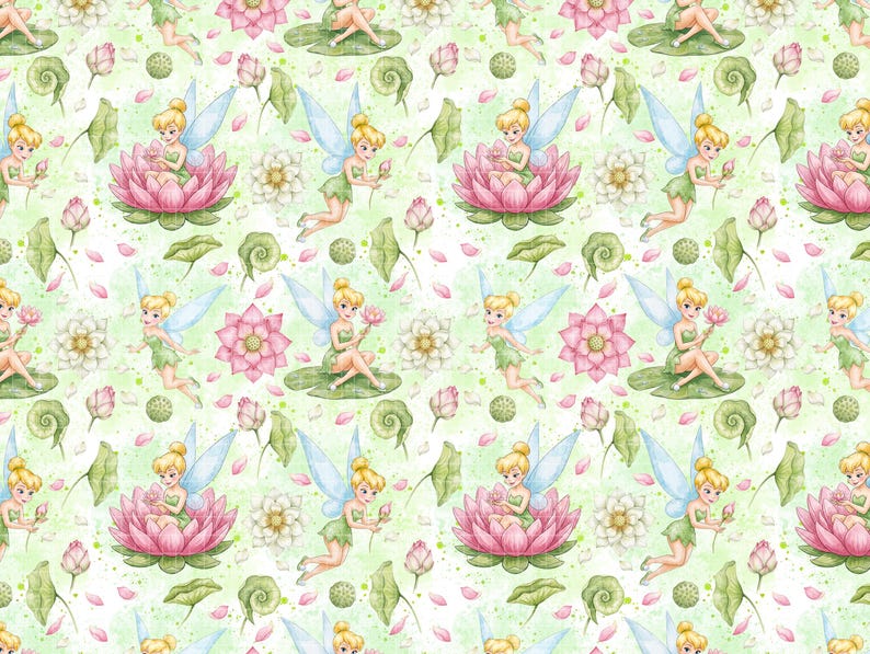 Tinkerbell Seamless Pattern, Watercolor Fairy Digital Paper, Pink Lotus ...