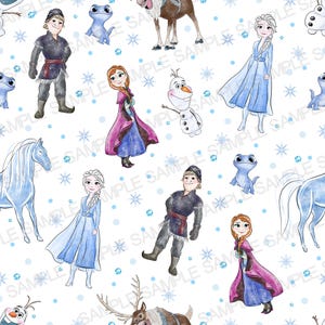 May include: A white background featuring a repeating pattern of characters and elements from the animated film "Frozen." The pattern includes characters like Elsa, Anna, Kristoff, Olaf, and Sven, along with snowflakes and blue accents.
