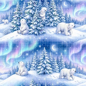 May include: A whimsical illustration of a winter scene with polar bears, snow-covered pine trees, and the aurora borealis. The artwork features several white polar bears in a snowy landscape under a starry sky with a crescent moon.