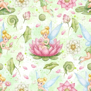 May include: Seamless pattern featuring a fairy theme with fairies, lotus flowers, and leaves in shades of green, pink, and white. The fairies have blonde hair and blue wings. The background is a light green with a watercolor effect.