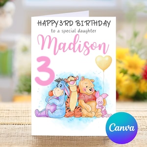 Joyeux 3e anniversaire à une fille spéciale, Winnie l'ourson troisième carte d'anniversaire personnalisée, joyeux troisième anniversaire, jolie carte