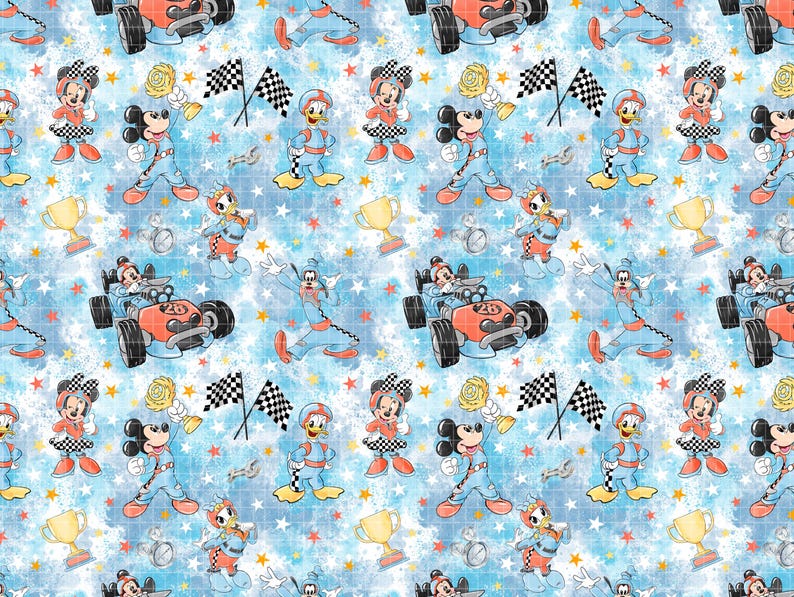 Mickey Racers Flag Mickey Mouse Racing Seamless Pattern, Roadster Car Digital Paper ...