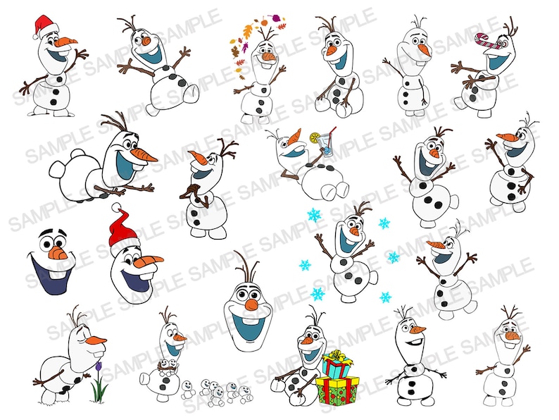 May include: A set of 16 digital clipart images featuring Olaf, the snowman from the movie Frozen. The images show Olaf in various poses, including smiling, waving, and holding a drink. The images are in a cartoon style and are perfect for use in crafts, scrapbooking, and other creative projects.