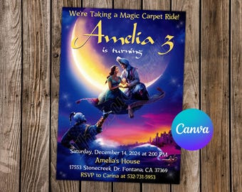 May include: A blue and purple invitation with a picture of Aladdin and Jasmine flying on a magic carpet. The text reads "We're Taking a Magic Carpet Ride! Amelia 3 is turning. Saturday, December 14, 2024 at 2:00 PM. Amelia's House. 17553 Stonecreek Dr. Fontana, CA 37369. RSVP to Carina at 532-731-5953."