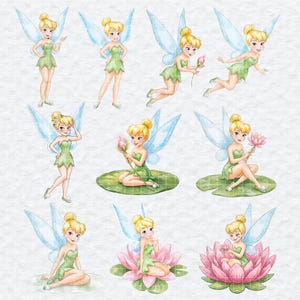 May include: Watercolor illustrations of a blonde fairy with blue wings in various poses. The fairy wears a green dress and is shown standing, flying, and sitting on a lily pad or flower. The fairy is holding a pink flower in some illustrations.
