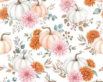 White Pumpkin Seamless Pattern, Pastel Floral Fall Digital Paper, Boho Thanksgiving Background, Elegant Fabric Design