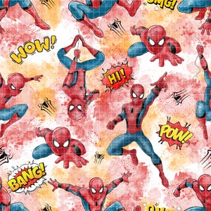 May include: A repeating pattern featuring the superhero Spider-Man in various action poses. The design includes speech bubbles with words like "WOW!", "HI!", and "POW!" in a comic book style, set against a red and orange watercolor background.