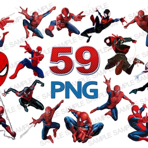 K&ouml;nnte beinhalten: Ein Set mit 10 digitalen Bildern, die verschiedene Posen von Spider-Man-Charakteren zeigen. Die Bilder sind im PNG-Format und beinhalten Spider-Man, Miles Morales, Spider-Gwen und die Zahl 59.