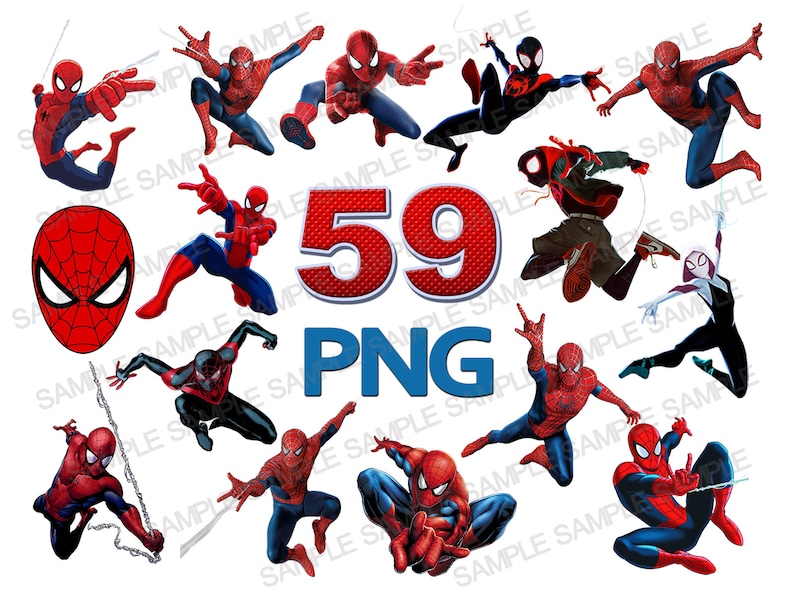 K&ouml;nnte beinhalten: Ein Set mit 10 digitalen Bildern, die verschiedene Posen von Spider-Man-Charakteren zeigen. Die Bilder sind im PNG-Format und beinhalten Spider-Man, Miles Morales, Spider-Gwen und die Zahl 59.