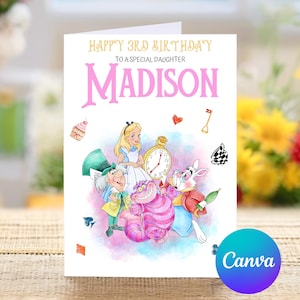 Joyeux 3e anniversaire à une fille spéciale, carte de troisième anniversaire personnalisée Alice au pays des merveilles, joyeux troisième anniversaire, jolie carte