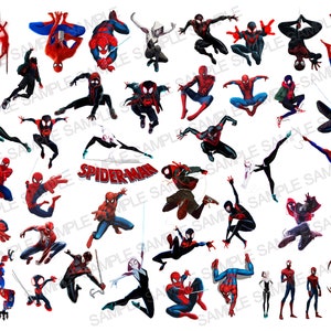 May include: A collection of colorful cartoon characters in various poses, including Spider-Man, Spider-Gwen, and other characters from the Spider-Verse. The characters are all in a dynamic, action-packed style, with some leaping through the air and others striking poses.