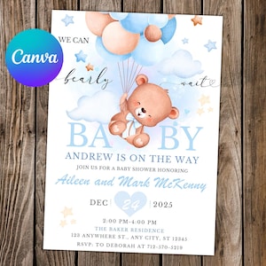Convite de chá de bebê para menino Teddy Bear Convite de aniversário Convite de balão de ar quente Convite para festa We Can Bearly Wait Convite editável em aquarela