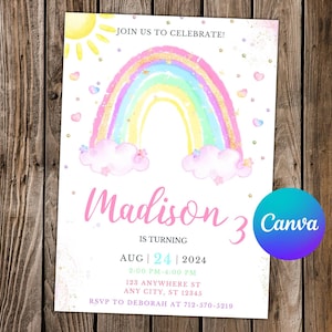 Invitation arc-en-ciel Invitation d'anniversaire pastel arc-en-ciel Party arc-en-ciel Invitation modifiable Magical Girl Carte numérique arc-en-ciel