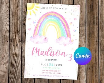 May include: A colorful invitation with a watercolor rainbow, sun, and clouds. The text reads "Join us to celebrate!" and announces "Madison is turning 3" with the date August 24, 2024. The Canva logo is in the bottom right corner.
