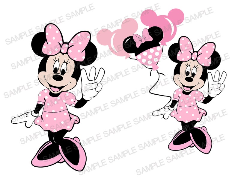 May include: Two cartoon images of a pink and black Minnie Mouse character. Both characters are wearing a pink polka dot dress and black shoes. One character is holding a pink balloon with black polka dots. The balloon has a string attached to it.