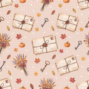 May include: A repeating pattern featuring vintage letters tied with twine, antique keys, pumpkins, fall leaves, and floral bouquets. The design has a warm, autumnal color palette with a light pink background and white polka dots.