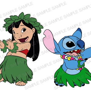 May include: Lilo and Stitch, characters from the Disney film, are dressed in green hula skirts and leis. Lilo is wearing a red top and has black hair. Stitch is blue with large ears and a wide smile.