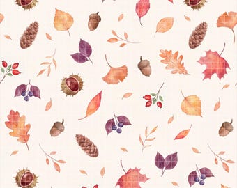 Woodland Autumn Seamless Pattern, Fall Botanical Digital Paper, Chestnut Pinecone Acorn Background, Nature Fabric Design