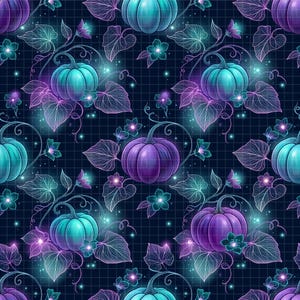 May include: A repeating pattern featuring stylized pumpkins in shades of teal and purple, accented with glowing vines, leaves, and flowers. The design is set against a dark blue grid background, creating a whimsical and magical aesthetic.