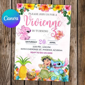 Convite Lilo e Stitch Stitch Aniversário Stitch Festa Stitch Aquarela Convite Editável Anjo Cartão Digital