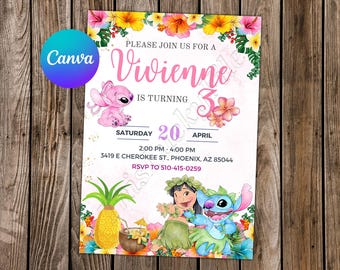 Lilo and Stitch Invitation Stitch Birthday Stitch Party Stitch Watercolor Editable Invitation Angel Digital Card