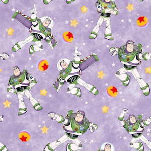May include: A repeating pattern on a light purple background featuring Buzz Lightyear in various poses, including flying with wings extended and standing with arms crossed. The design includes yellow stars and colorful balls with red stars.