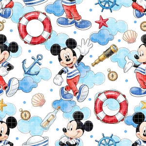 Op de afbeelding: Naadloos patroon met Mickey Mouse in matrozenkleding, omringd door nautische elementen zoals reddingsboeien, ankers en kompassen. Het ontwerp bevat blauwe wolken, schelpen en een telescoop op een witte achtergrond. Het thema is een nautisch avontuur.