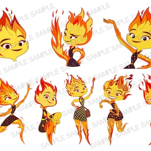 May include: Eight illustrations of a cartoon fire spirit with yellow skin, red hair, and a black dress. The fire spirit is in different poses, including waving, running, and sitting.