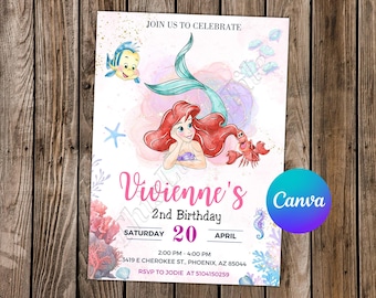 Little Mermaid Invitation Little Mermaid Birthday Little Mermaid Party Ariel Invitation Ariel Birthday Ariel Watercolor Editable Invitation