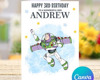 May include: A birthday card with a cartoon image of Buzz Lightyear from Toy Story flying in space. The card says "Happy 3rd Birthday to a wonderful son Andrew".