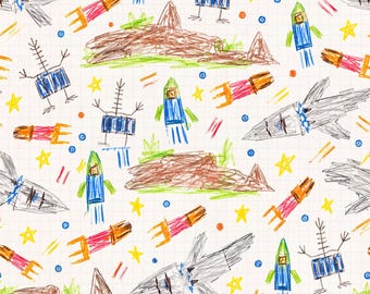 Space Robot Seamless Pattern, Digital Paper PNG, Crayon Rocket Doodle Planet, Boys Fabric Print, Instant Download