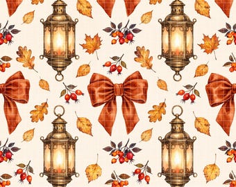 Cozy Fall Lantern Seamless Pattern, Brown Velvet Bow Digital Paper, Rustic Autumn Background, Vintage Fabric Design