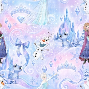 Peut inclure: Un tissu à motif répétitif représentant les personnages de La Reine des Neiges, dont Elsa, Anna, Olaf et la salamandre Bruni. Le design inclut un château de glace, des couronnes, des diamants et des flocons dans des tons bleu, violet et rose.