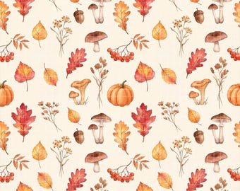 Autumn Woodland Seamless Pattern, Digital Paper PNG, Fall Pumpkin Watercolor, Thanksgiving Fabric, Instant Download